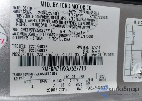 2010 Mercury Grand Marquis Ls (Fleet Only) из США, поврежденный, VIN 2MEBM7FVXAX627718